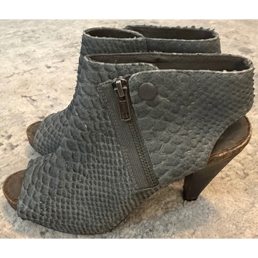 Joie Grey Snakeskin Embossed Leather Open Toe Ankle Booties Heels Size 37 size 7